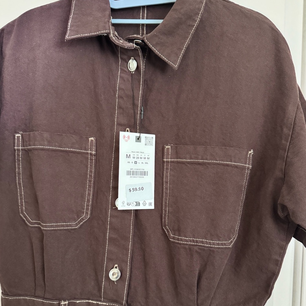 Brown Short Sleeve Denim Jumpsuit - Picture 2 of 4